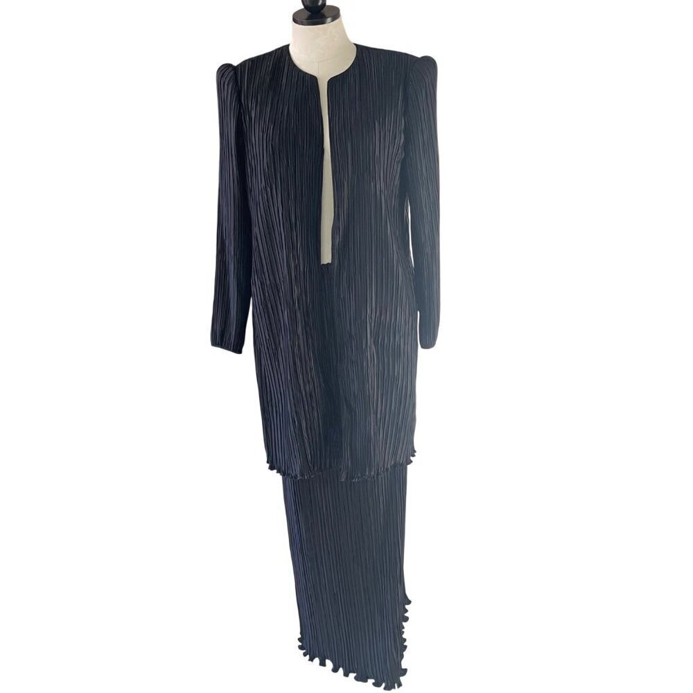 George E Couture Vintage Womens Skirt And Jacket Set Size 10 Black Plisse Evenin